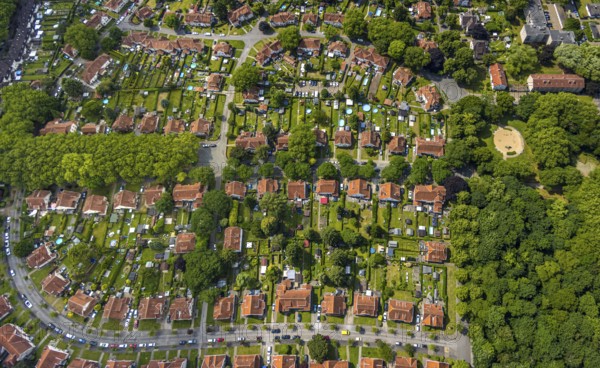 Aerial view, miners' housing estate Teutoburgia with red roofs, houses and gardens, Börnig, Herne, Ruhr area, North Rhine-Westphalia, Germany, workers' houses, workers' housing estate, miners' housing estate, mining housing estate, DE, Europe, aerial view, aerial photography, aerial photography, settlement, overview, bird's eye view, housing estate, colliery houses, colliery housing estate, birds-eyes view, overview, social housing, HernerechtsderA43