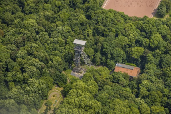 Aerial view, KunstWald Teutoburgia with winding tower of the former colliery Teutoburgia Schacht 1, Börnig, Herne, Ruhr area, North Rhine-Westphalia, Germany, DE, Europe, aerial view, aerial photography, aerial photography, overview, bird's-eye view, overview, HernerechtsderA43