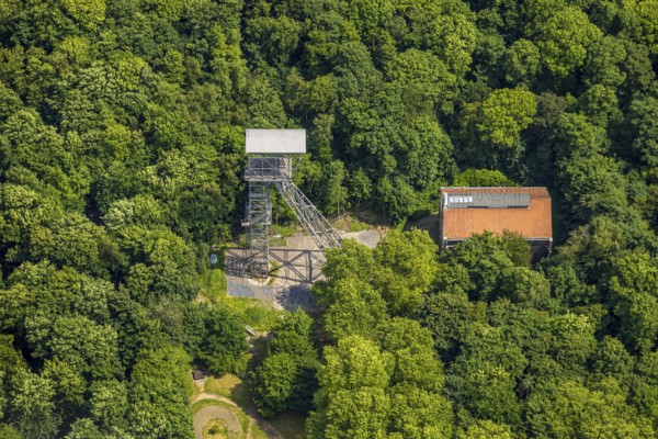 Aerial view, KunstWald Teutoburgia with winding tower of the former colliery Teutoburgia Schacht 1, Börnig, Herne, Ruhr area, North Rhine-Westphalia, Germany, DE, Europe, aerial view, aerial photography, aerial photography, overview, bird's-eye view, overview, HernerechtsderA43
