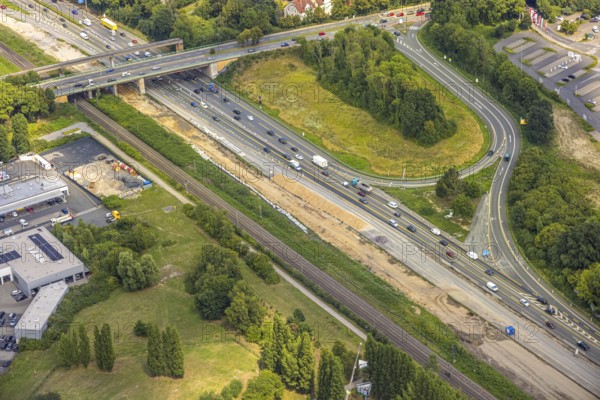 Aerial view, large construction site motorway junction Herne with tunnel construction, motorway A43 between Recklinghausen Emscher- and Rhein-Herne-Kanal overpass and exit Bochum Riehmke, motorway A42, Baukau-West, Herne, Ruhr area, North Rhine-Westphalia, Germany, construction work, construction area, building site, building plots, construction project, building site, Europe, large construction site #Herne #aerial view #aerial photography #aerial photography #aerial photography #North Rhine-Westphalia #North Rhine-Westphalia #Ruhr area #overview #bird perspective