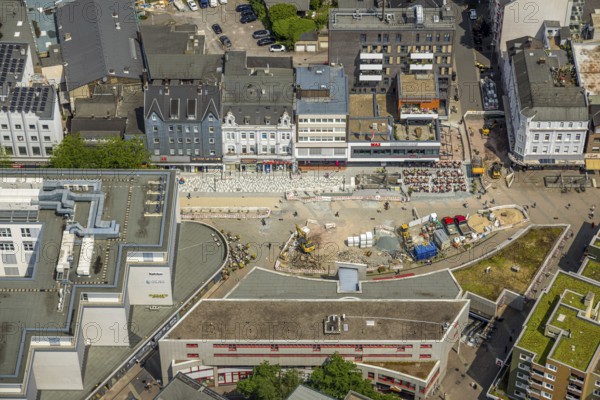 Aerial view, Robert-Brauner-Platz with Stadt Forum Herne, pedestrian zone Bahnhofstraße with construction site, WAZ Medienhaus, Herne-Mitte, Herne, Ruhr area, North Rhine-Westphalia, Germany, construction work, construction area, building site, building plots, construction project, construction site, DE, Europe, aerial view, aerial photography, aerial photography, new building, overview, bird's-eye view, overview, HernerechtsderA43
