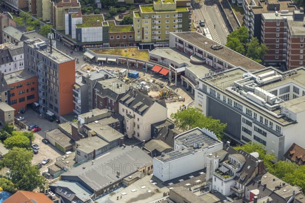 Aerial view, Robert-Brauner-Platz with Stadt Forum Herne, pedestrian zone Bahnhofstraße with construction site, Herne-Mitte, Herne, Ruhr area, North Rhine-Westphalia, Germany, construction work, construction area, building site, building plots, construction project, construction site, DE, Europe, aerial view, aerial photography, aerial photography, new building, overview, bird's-eye view, overview, HernerechtsderA43