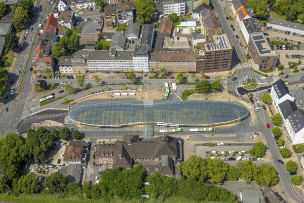 Aerial view, bus station with futuristic roof at Konrad-Adenauer-Platz, Herne main station, Baukau, Herne, Ruhr area, North Rhine-Westphalia, Germany, railway area, railway station, bus, bus station, bus stop, buses, DE, Deutsche Bahn AG, Europe, railway tracks, tracks, main station, central station, roundabout, roundabout, aerial view, aerial photography, aerial photography, bus station, overview, bird's-eye view, ZOB, birds-eyes view, overview, HernerechtsderA43