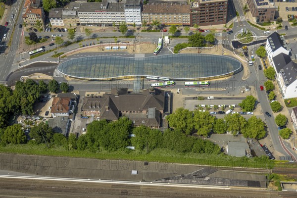 Aerial view, bus station with futuristic roof at Konrad-Adenauer-Platz, Herne main station, Baukau, Herne, Ruhr area, North Rhine-Westphalia, Germany, railway area, railway station, bus, bus station, bus stop, buses, DE, Deutsche Bahn AG, Europe, railway tracks, tracks, main station, central station, roundabout, roundabout, aerial view, aerial photography, aerial photography, bus station, overview, bird's-eye view, ZOB, birds-eyes view, overview, HernerechtsderA43