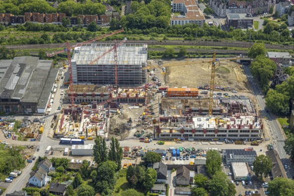 Aerial view, construction site and demolition work for new FunkenbergQuartier between Baumstraße and Fabrikstraße, Baukau, Herne, Ruhr area, North Rhine-Westphalia, Germany, demolition work, workers, architecture, construction work, construction vehicles, construction area, construction site, building plots, construction measure, Baumstraße, construction project, construction site, DE, development, renewal, Europe, Fabrikstraße, progress, Funkenbergquartier, building, site, commercial enterprises, commercial area, commercial area, commercial property, commercial park, commercial site, commercial use, industrial area, industrial site, infrastructure, construction, construction technology, cranes, landscape, aerial view, aerial photography, aerial photography, machinery, modernisation, new construction, planning, projects, redevelopment, city, roads, structure, urban, technology, overview, urban, change, bird's-eye view, destruction, birds-eyes view, overview, HernerechtsderA43
