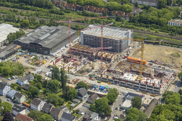 Aerial view, construction site and demolition work for new FunkenbergQuartier between Baumstraße and Fabrikstraße, Baukau, Herne, Ruhr area, North Rhine-Westphalia, Germany, demolition work, workers, architecture, construction work, construction vehicles, construction area, construction site, building plots, construction measure, Baumstraße, construction project, construction site, DE, development, renewal, Europe, Fabrikstraße, progress, Funkenbergquartier, building, site, commercial enterprises, commercial area, commercial area, commercial property, commercial park, commercial site, commercial use, industrial area, industrial site, infrastructure, construction, construction technology, cranes, landscape, aerial view, aerial photography, aerial photography, machinery, modernisation, new construction, planning, projects, redevelopment, city, roads, structure, urban, technology, overview, urban, change, bird's-eye view, destruction, birds-eyes view, overview, HernerechtsderA43