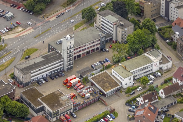 Aerial view, Herne City Fire Brigade Association e.V. with fire brigade defence tower, family centre Mitte Ã¢â'¬ Kita Breddestraße Ã¢â'¬ AWO Ruhr-Mitte, Herne-Mitte, Herne, Ruhr area, North Rhine-Westphalia, Germany, fire fighter, fire protection, fire watch, DE, Europe, fire station, fire brigade, kindergarten, day care centre, day nursery, aerial photograph, aerial photography, aerial photography, rescue station, overview, bird's-eye view, overview, HernerechtsderA43
