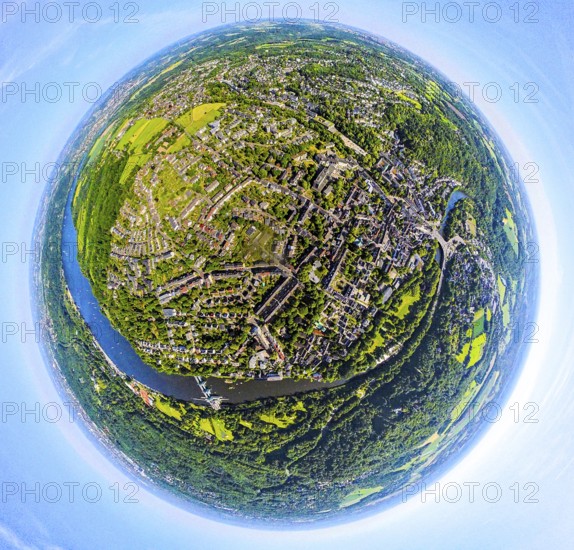 Aerial view, view of Werden district on the Ruhr river, earth globe, fisheye image, 360 degree image, tiny world, little planet, fisheye image, Werden, Essen, Ruhr area, North Rhine-Westphalia, Germany
