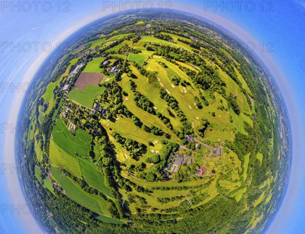 Aerial view, golf course golf club Essen-Heidhausen, forest area Langenhorster forest with meadows and fields, earth globe, fisheye image, 360 degree image, tiny world, little planet, fisheye image, Heidhausen, Essen, Ruhr area, North Rhine-Westphalia, Germany