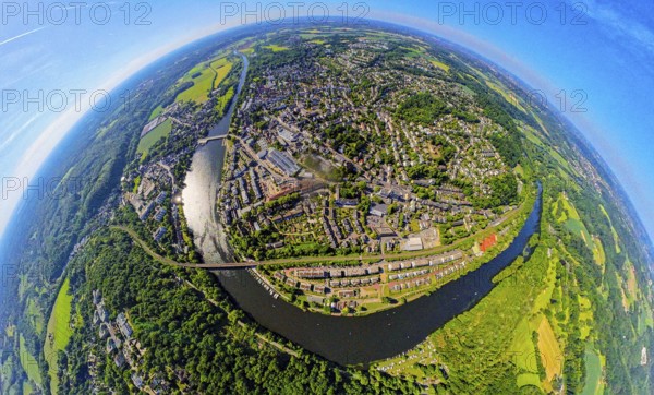 Aerial view, view of Kettwig district and Ruhr river with Kettwig reservoir, Kettwig railway bridge, globe, fisheye image, 360 degree image, tiny world, little planet, fisheye image, Kettwig, Essen, Ruhr area, North Rhine-Westphalia, Germany