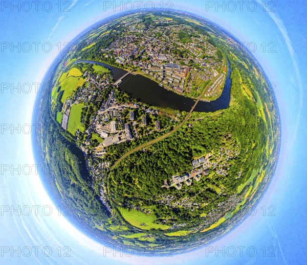 Aerial view, view of Kettwig district and Ruhr river with Kettwig reservoir, Kettwig railway bridge, globe, fisheye image, 360 degree image, tiny world, little planet, fisheye image, Kettwig, Essen, Ruhr area, North Rhine-Westphalia, Germany