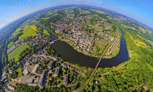 Aerial view, view of Kettwig district and Ruhr river with Kettwig reservoir, Kettwig railway bridge, globe, fisheye image, 360 degree image, tiny world, little planet, fisheye image, Kettwig, Essen, Ruhr area, North Rhine-Westphalia, Germany