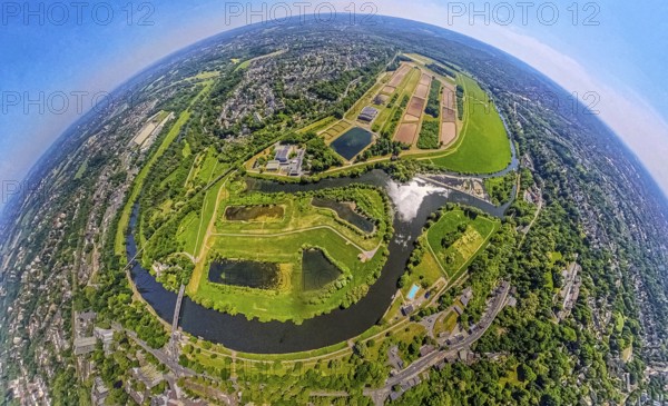 Aerial view, waterworks Wassergewinnung Essen GmbH on the river Ruhr with Ruhrbogen Überruhr, earth globe, fisheye image, 360 degree image, tiny world, little planet, fisheye image, Überruhr-Hinsel, Essen, Ruhr area, North Rhine-Westphalia, Germany