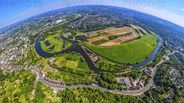 Aerial view, waterworks Wassergewinnung Essen GmbH on the river Ruhr with Ruhrbogen Überruhr, earth globe, fisheye image, 360 degree image, tiny world, little planet, fisheye image, Überruhr-Hinsel, Essen, Ruhr area, North Rhine-Westphalia, Germany