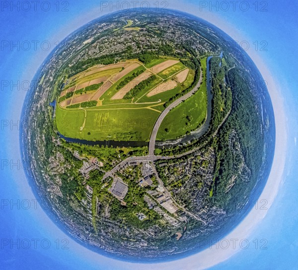 Aerial view, waterworks Wassergewinnung Essen GmbH on the river Ruhr with Ruhrbogen Überruhr, earth globe, fisheye image, 360 degree image, tiny world, little planet, fisheye image, Überruhr-Hinsel, Essen, Ruhr area, North Rhine-Westphalia, Germany