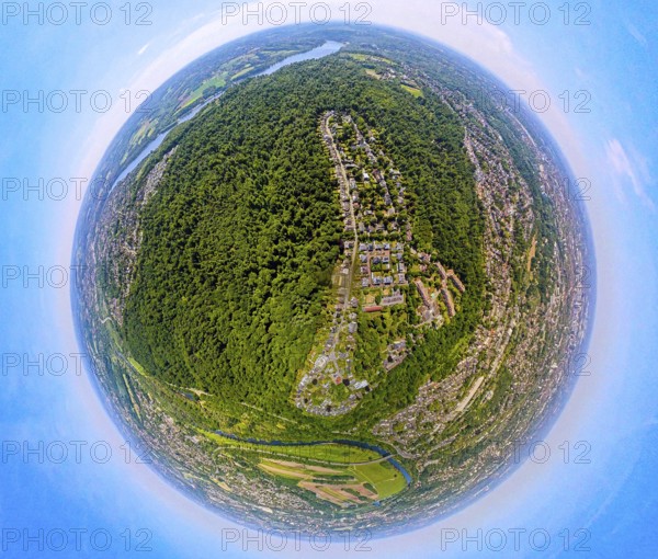 Aerial view, Schellenberg forest with housing estate, earth globe, fisheye image, 360 degree image, tiny world, little planet, fisheye image, city forest, Essen, Ruhr area, North Rhine-Westphalia, Germany