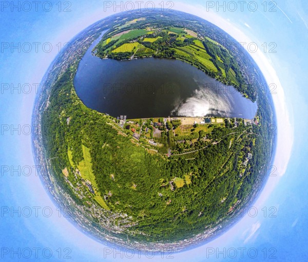 Aerial view, Lake Baldeney and Seaside Beach, below city forest, above district Fischlaken meadows and fields, globe, fisheye image, fisheye image, 360 degree image, tiny world, little planet, fisheye image, Bredeney, Essen, Ruhr area, North Rhine-Westphalia, Germany