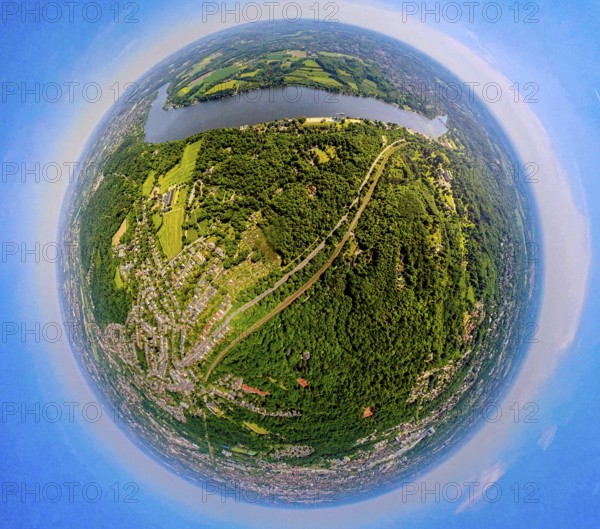 Aerial view, city forest between motorway A52 and Lake Baldeney, railway line and local recreation area, on the right Villa Hügel, globe, fisheye image, fisheye image, 360 degree image, tiny world, little planet, fisheye image, city forest, Essen, Ruhr area, North Rhine-Westphalia, Germany