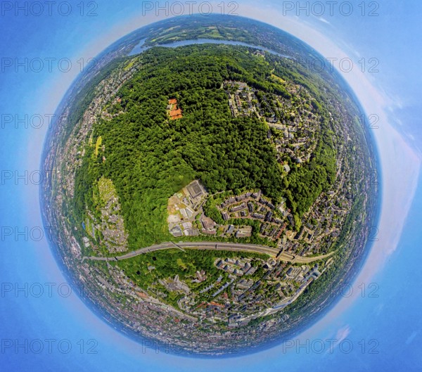 Aerial view, city forest between motorway A52 and Lake Baldeney, local recreation area, earth globe, fisheye image, 360 degree image, tiny world, little planet, fisheye image, city forest, Essen, Ruhr area, North Rhine-Westphalia, Germany