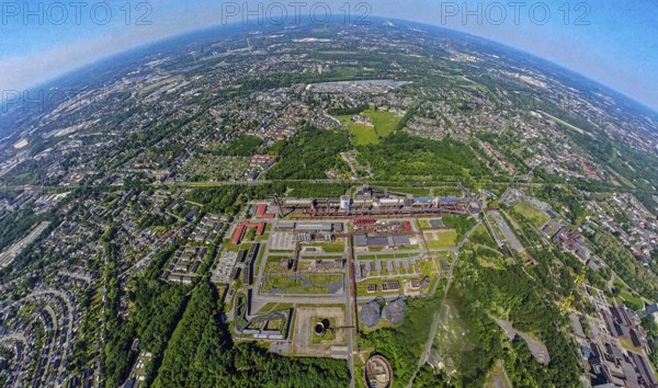 Aerial view, coking plant Zeche Zollverein, UNESCO World Heritage Site, earth globe, fisheye image, 360 degree image, tiny world, little planet, fisheye image, Stoppenberg, Essen, Ruhr area, North Rhine-Westphalia, Germany