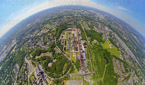 Aerial view, coking plant Zeche Zollverein, UNESCO World Heritage Site, earth globe, fisheye image, 360 degree image, tiny world, little planet, fisheye image, Stoppenberg, Essen, Ruhr area, North Rhine-Westphalia, Germany
