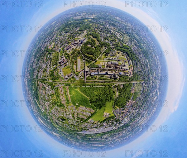 Aerial view, coking plant Zeche Zollverein, UNESCO World Heritage Site, earth globe, fisheye image, 360 degree image, tiny world, little planet, fisheye image, Stoppenberg, Essen, Ruhr area, North Rhine-Westphalia, Germany