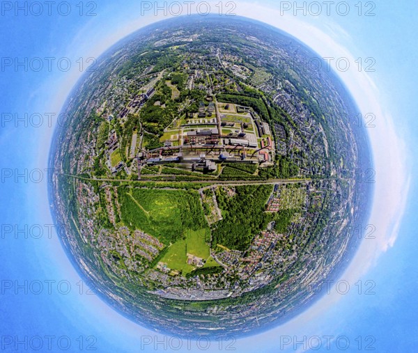 Aerial view, coking plant Zeche Zollverein, UNESCO World Heritage Site, earth globe, fisheye image, 360 degree image, tiny world, little planet, fisheye image, Stoppenberg, Essen, Ruhr area, North Rhine-Westphalia, Germany