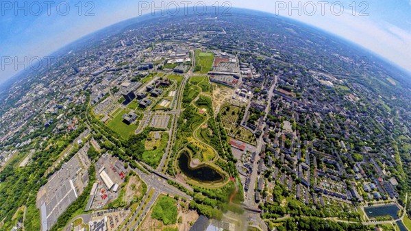 Aerial view, ThyssenKrupp headquarters, Krupppark with open-air theatre and lake, globe, fisheye image, 360 degree image, tiny world, little planet, fisheye image, Westviertel, Essen, Ruhr area, North Rhine-Westphalia, Germany
