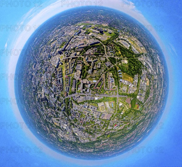Aerial view, University of Duisburg-Essen UDE in the city centre, earth globe, fisheye image, 360 degree image, tiny world, little planet, fisheye image, northern district, Essen, Ruhr area, North Rhine-Westphalia, Germany