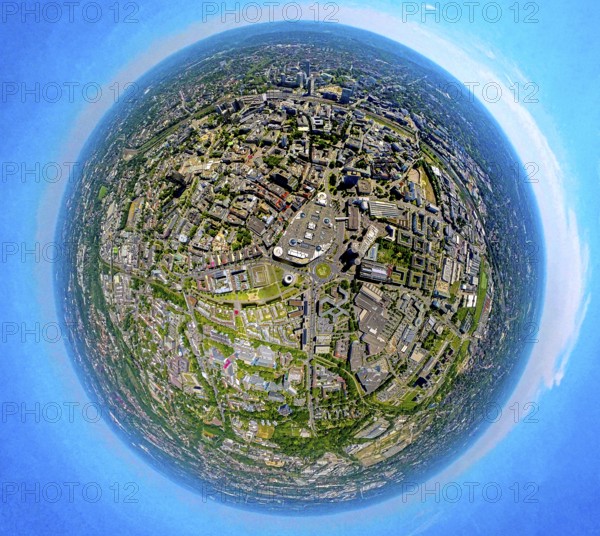 Aerial view, business district city and shopping centre Limbecker Platz, globe, fisheye image, 360 degree image, tiny world, little planet, fisheye image, city centre, Essen, Ruhr area, North Rhine-Westphalia, Germany