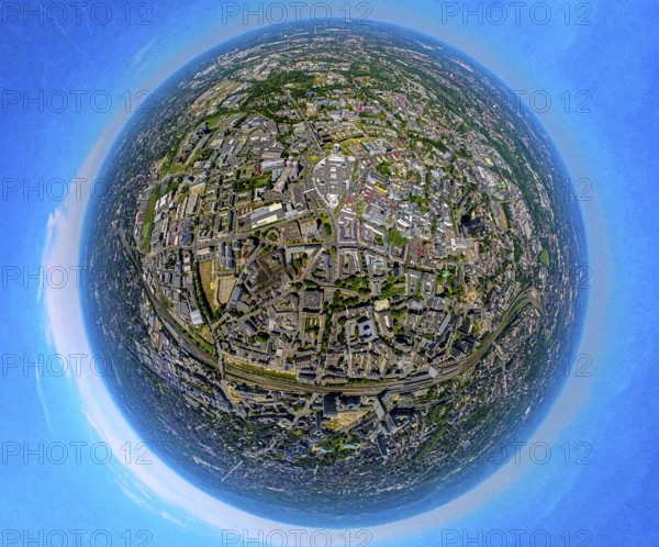Aerial view, business district city and shopping centre Limbecker Platz, globe, fisheye image, 360 degree image, tiny world, little planet, fisheye image, city centre, Essen, Ruhr area, North Rhine-Westphalia, Germany