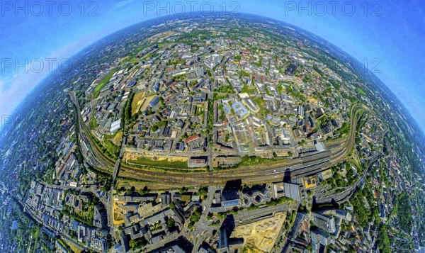 Aerial view, city centre of Essen with central station and Limbecker Platz, below Campus Essen, construction site demolition Ypsilon-Haus of RWE headquarters Essen at Huyssenallee, planned new building for office campus, EON high-rise building and Postbank high-rise building and DB Schenker, earth globe, fisheye image, 360 degree image, tiny world, little planet, fisheye image, city centre, Essen, Ruhr area, North Rhine-Westphalia, Germany