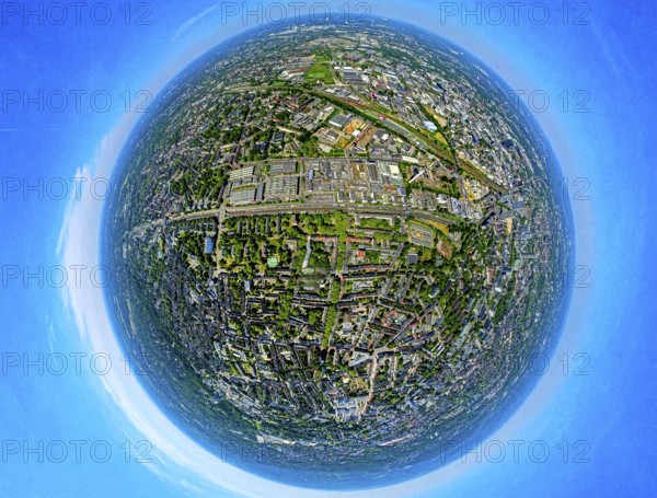Aerial photo, ETEC Essener Technologie- und Entwicklungs-Centrum GmbH, Kruppstraße on the A40 motorway, earth globe, fisheye image, 360 degree image, tiny world, little planet, fisheye image, Holsterhausen, Essen, Ruhr area, North Rhine-Westphalia, Germany