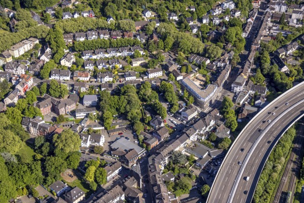 Aerial view, construction site and new residential building with modern rental flats on the corner of Kupferdreher Straße and Benderstraße, A44 motorway, Kupferdreh, Essen, Ruhr area, North Rhine-Westphalia, Germany