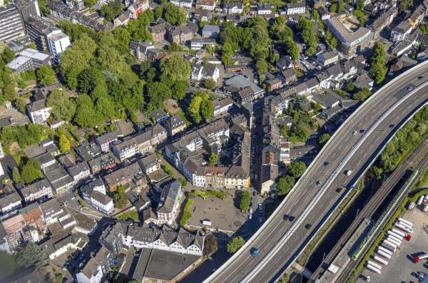 Aerial view, Kupferdreh S-Bahn station, residential area and Kupferdreher Markt on the A44 motorway, Kupferdreh, Essen, Ruhr area, North Rhine-Westphalia, Germany