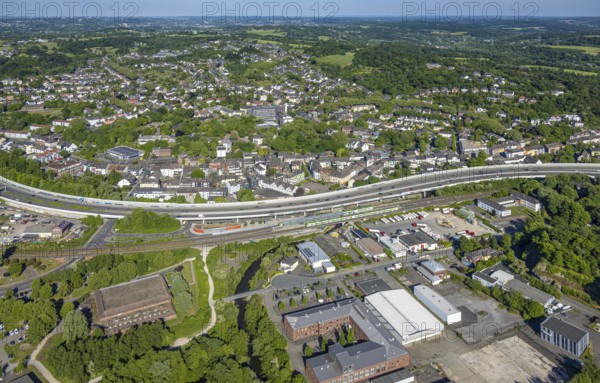 Aerial view, Kupferdreh S-Bahn station, residential area and Kupferdreher Markt on the A44 motorway, below commercial area Prinz-Friedrich-Straße, Kupferdreh, Essen, Ruhr area, North Rhine-Westphalia, Germany