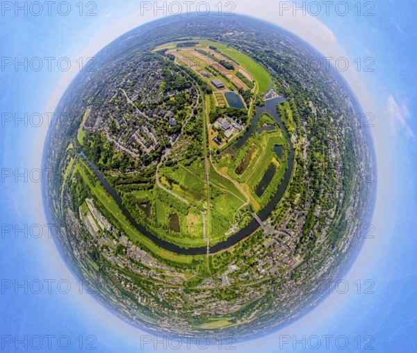 Aerial view, waterworks Wassergewinnung Essen GmbH on the river Ruhr with Ruhrbogen Überruhr, earth globe, fisheye image, 360 degree image, tiny world, little planet, fisheye image, Überruhr-Hinsel, Essen, Ruhr area, North Rhine-Westphalia, Germany