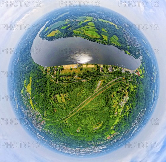 Aerial view, Lake Baldeney with Seaside Beach lido and city forest, Villa Hügel on the right, globe, fisheye image, 360 degree image, tiny world, little planet, fisheye image, Bredeney, Essen, Ruhr area, North Rhine-Westphalia, Germany