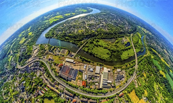 Aerial view, district Kupferdreh with industrial area, river Ruhr and Heisinger Bogen, motorway A40 and nature reserve Heisinger Ruhraue, earth globe, fisheye image, 360 degree image, tiny world, little planet, fisheye image, Byfang, Essen, Ruhr area, North Rhine-Westphalia, Germany