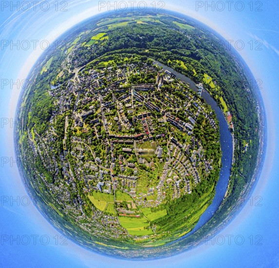 Aerial view, view of Werden district on the Ruhr river, earth globe, fisheye image, 360 degree image, tiny world, little planet, fisheye image, Werden, Essen, Ruhr area, North Rhine-Westphalia, Germany