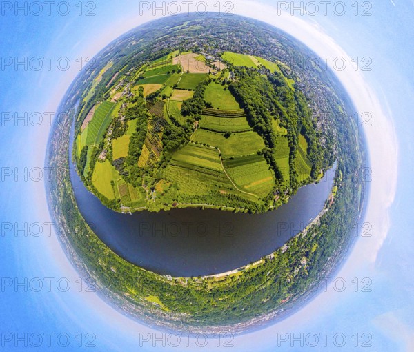 Aerial view, Lake Baldeney and district Fischlaken with Hardenbergufer, meadows and fields, globe, fisheye image, 360 degree image, tiny world, little planet, fisheye image, Fischlaken, Essen, Ruhr area, North Rhine-Westphalia, Germany