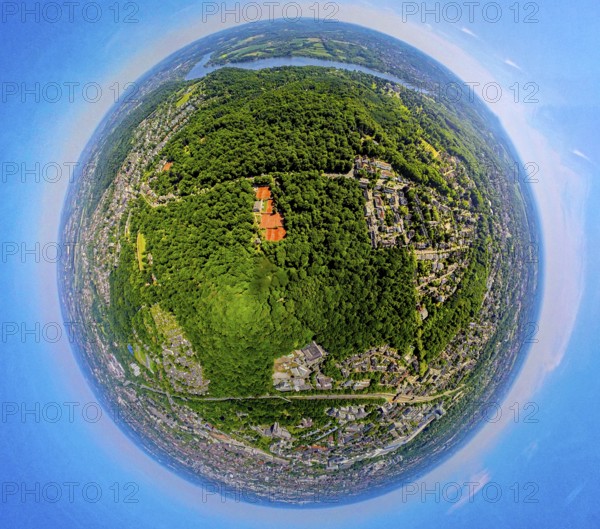 Aerial view, city forest between motorway A52 and Lake Baldeney, local recreation area, earth globe, fisheye image, 360 degree image, tiny world, little planet, fisheye image, city forest, Essen, Ruhr area, North Rhine-Westphalia, Germany