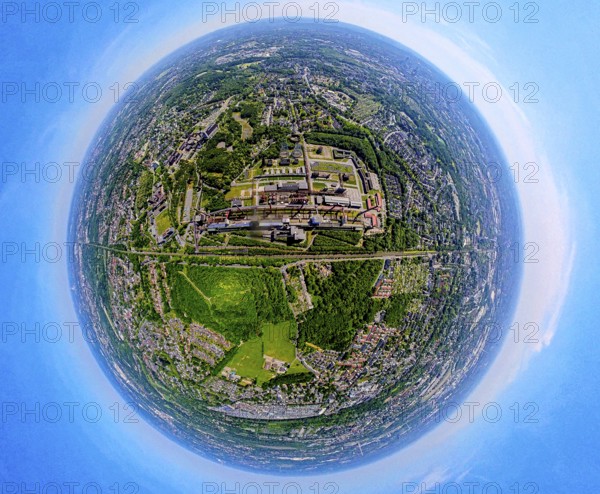 Aerial view, coking plant Zeche Zollverein, UNESCO World Heritage Site, earth globe, fisheye image, 360 degree image, tiny world, little planet, fisheye image, Stoppenberg, Essen, Ruhr area, North Rhine-Westphalia, Germany