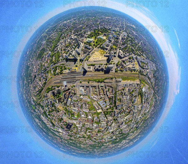 Aerial view, City Essen Mitte with shopping centre Bahnhofstraße, Campus Essen, construction site demolition Ypsilon-Haus of RWE headquarters Essen at Huyssenallee, planned new building for office campus, EON high-rise building and Postbank high-rise building and DB Schenker at main station Hbf, earth globe, fisheye image, 360 degree image, tiny world, little planet, fisheye image, city centre, Essen, Ruhr area, North Rhine-Westphalia, Germany