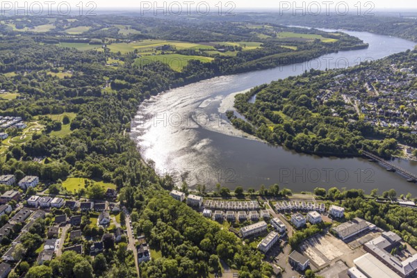 Aerial view, river Ruhr with bird sanctuary Heisinger Bogen, below new housing estate Am Seebogen, Heisingen, Essen, Ruhr area, North Rhine-Westphalia, Germany