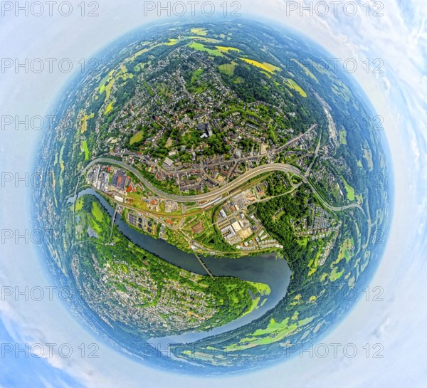 Aerial view, district Kupferdreh and motorway A44, below river Ruhr with bird sanctuary Heisinger Bogen, globe, fisheye image, 360 degree image, tiny world, little planet, fisheye image, Kupferdreh, Essen, Ruhr area, North Rhine-Westphalia, Germany