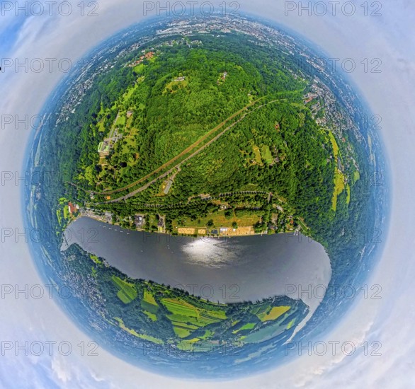 Aerial view, Lake Baldeney with Seaside Beach lido and city forest, Villa Hügel on the left, globe, fisheye image, 360 degree image, tiny world, little planet, fisheye image, Bredeney, Essen, Ruhr area, North Rhine-Westphalia, Germany