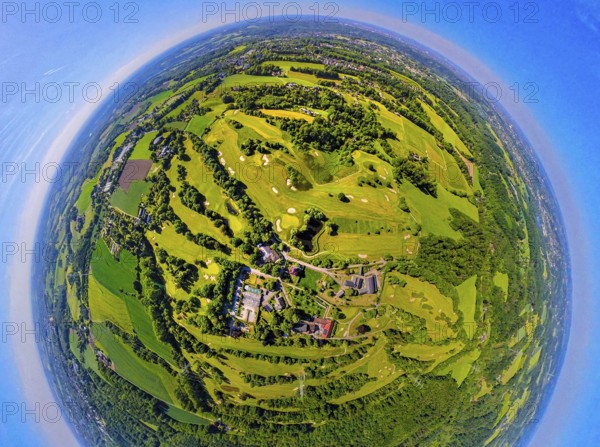 Aerial view, golf course golf club Essen-Heidhausen, forest area Langenhorster forest with meadows and fields, earth globe, fisheye image, 360 degree image, tiny world, little planet, fisheye image, Heidhausen, Essen, Ruhr area, North Rhine-Westphalia, Germany