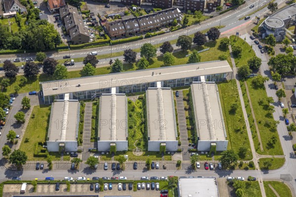 Aerial view, commercial area, Dassault Systems, Robert-Bosch-Sraße, Wirtschaftsförderungsgesellschaft Herne mbH (WFG) and DSBG Sportstättenbetriebs- und Planungsgesellschaft mbH, Baukau, Herne, Ruhr area, North Rhine-Westphalia, Germany, DE, Europe, commercial enterprises, commercial area, commercial property, commercial park, commercial site, commercial use, industrial area, industrial site, aerial photograph, aerial photography, aerial photography, overview, bird's-eye view, bird's-eye view, overview, HernerechtsderA43