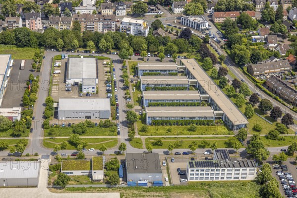 Aerial view, commercial area, Dassault Systems, Robert-Bosch-Sraße, Wirtschaftsförderungsgesellschaft Herne mbH (WFG) and DSBG Sportstättenbetriebs- und Planungsgesellschaft mbH, Baukau, Herne, Ruhr area, North Rhine-Westphalia, Germany, DE, Europe, commercial enterprises, commercial area, commercial property, commercial park, commercial site, commercial use, industrial area, industrial site, aerial photograph, aerial photography, aerial photography, overview, bird's-eye view, bird's-eye view, overview, HernerechtsderA43